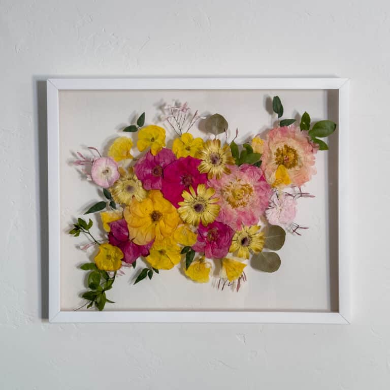 Flower Preservation Frame with Pink and Yellow Flowers and White border 768x768